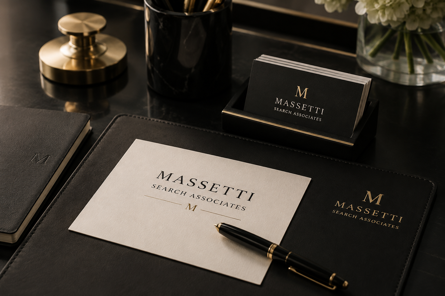 Massetti Search Associates stationery arranged on an executive desk